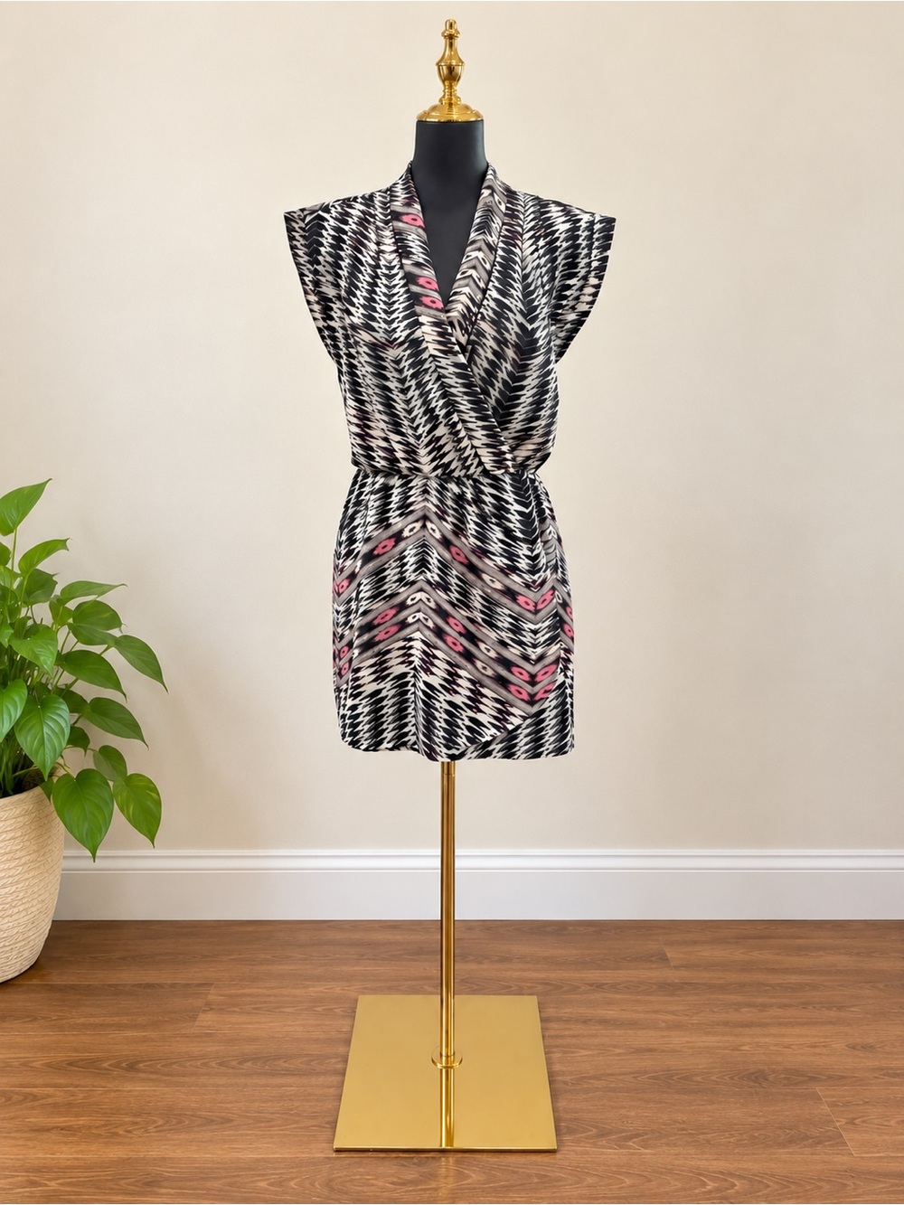 Aqua Black & White Printed Mini Dress with Pink Accents